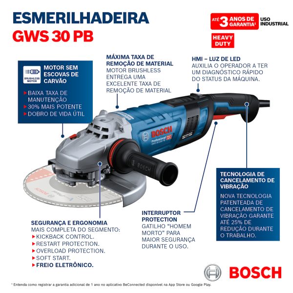 Esmeril Angular Eléctrico 7" GWS 30-180 HM BOSCH - 06018G01N0
