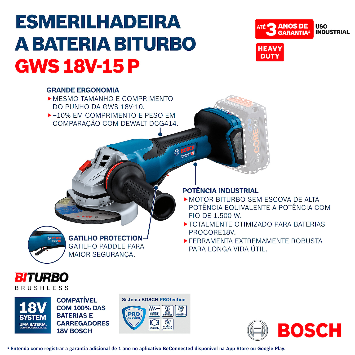 Esmeril Angular Inalámbrico 5" 18V GWS 18V-15 P (SIN BATERIA NI CARGADOR) BOSCH - 06019H6AE0
