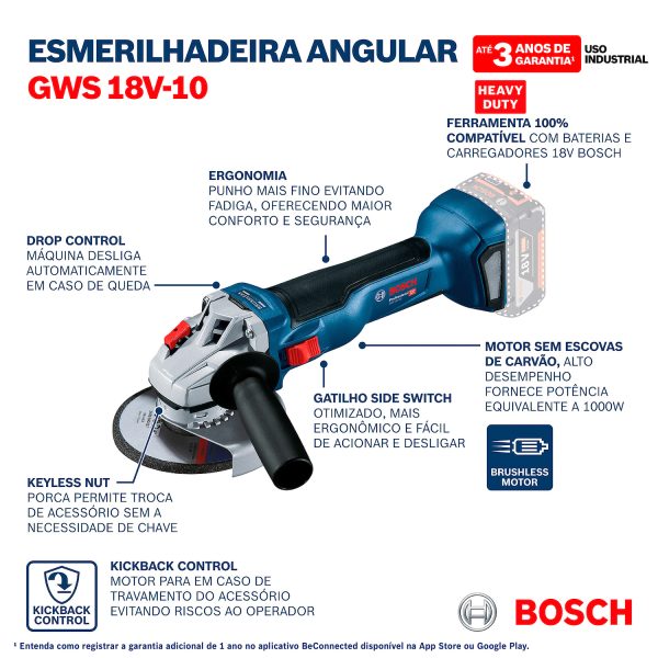 Esmeril Angular Inalámbrico 5" 18V GWS 18V-10 (SIN BATERIA NICARGADOR) BOSCH - 06019J40E0