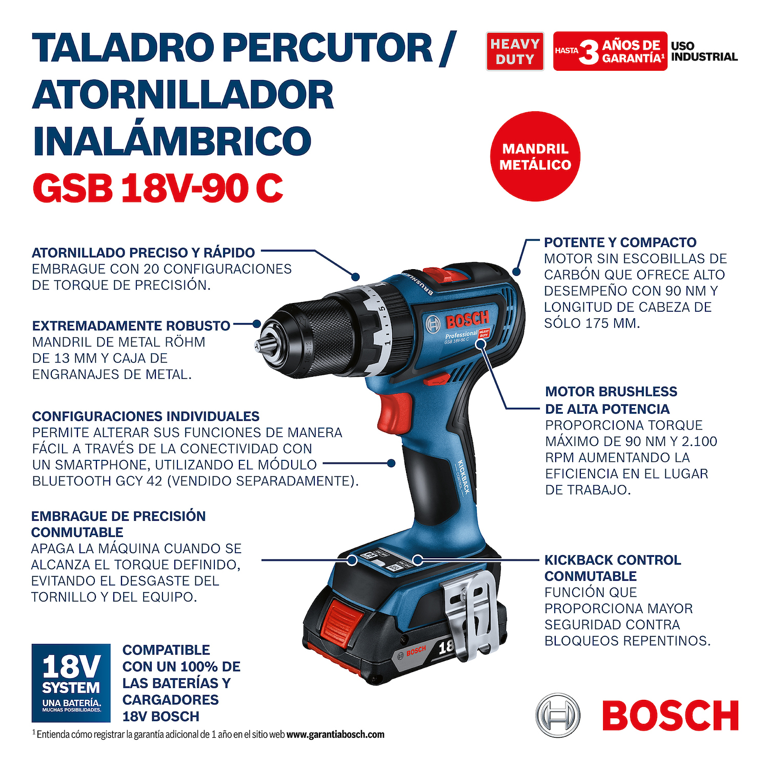 Taladro percutor atornillador Bosch GSB 18V-90 C 18V Brushless